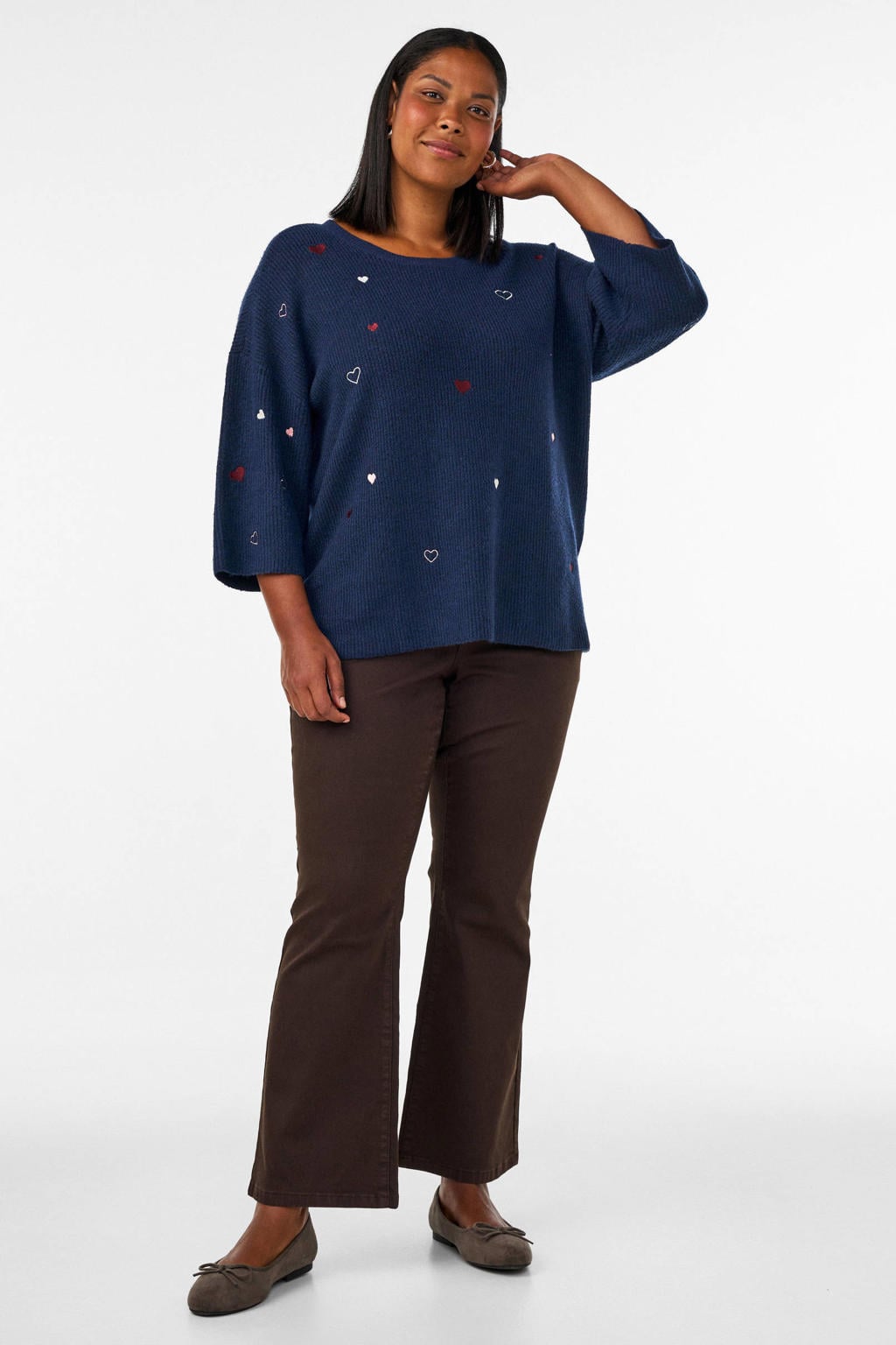 Zizzi Plus Size gebreide trui met hartjes - donkerblauw