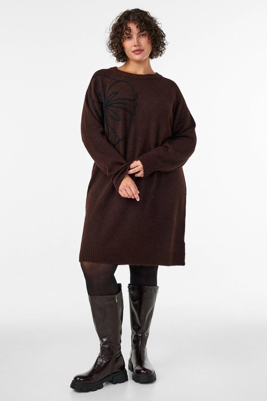 Zizzi Plus Size gebreide midi jurk met borduursels en wol - donkerbruin