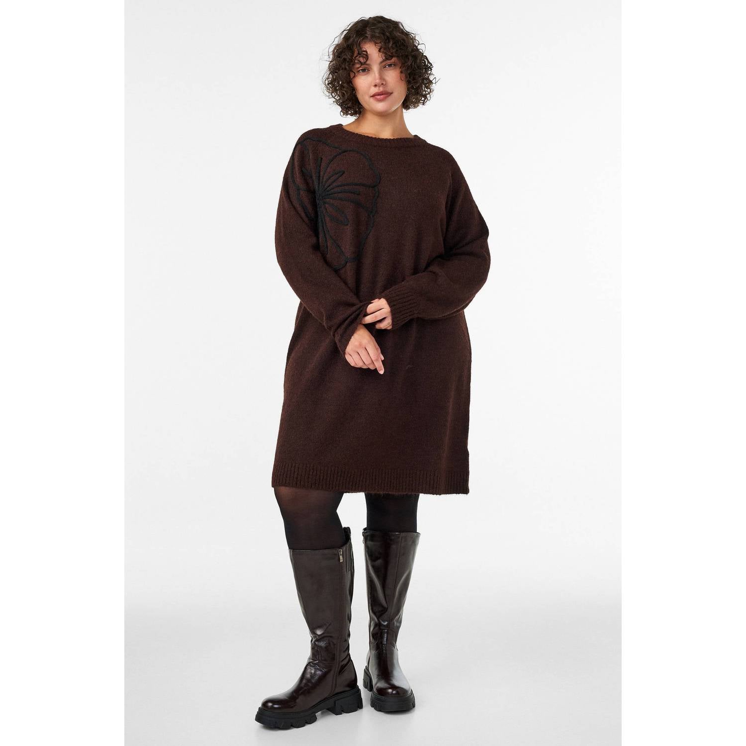 Zizzi Plus Size gebreide midi jurk met borduursels en wol donkerbruin