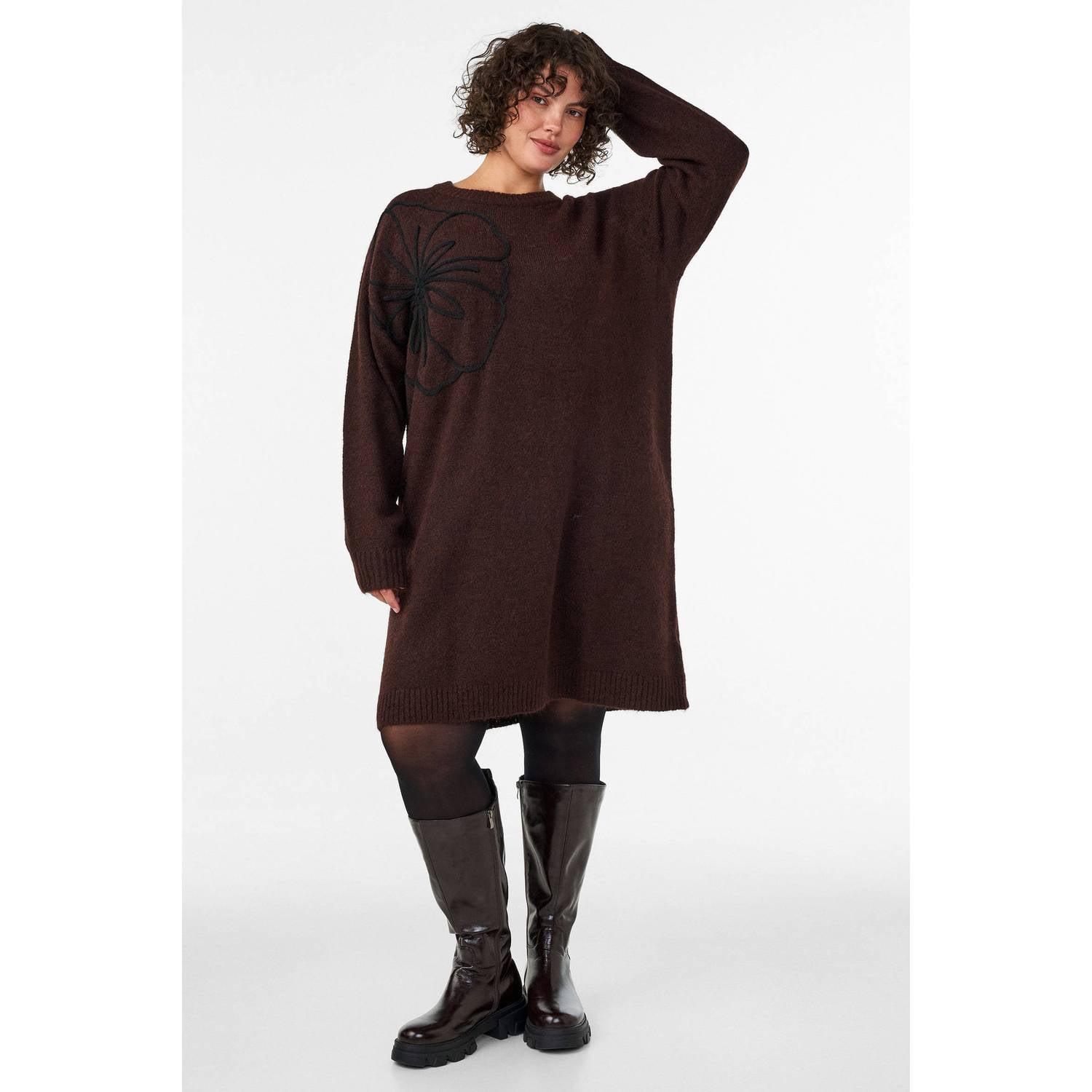 Zizzi Plus Size gebreide midi jurk met borduursels en wol donkerbruin