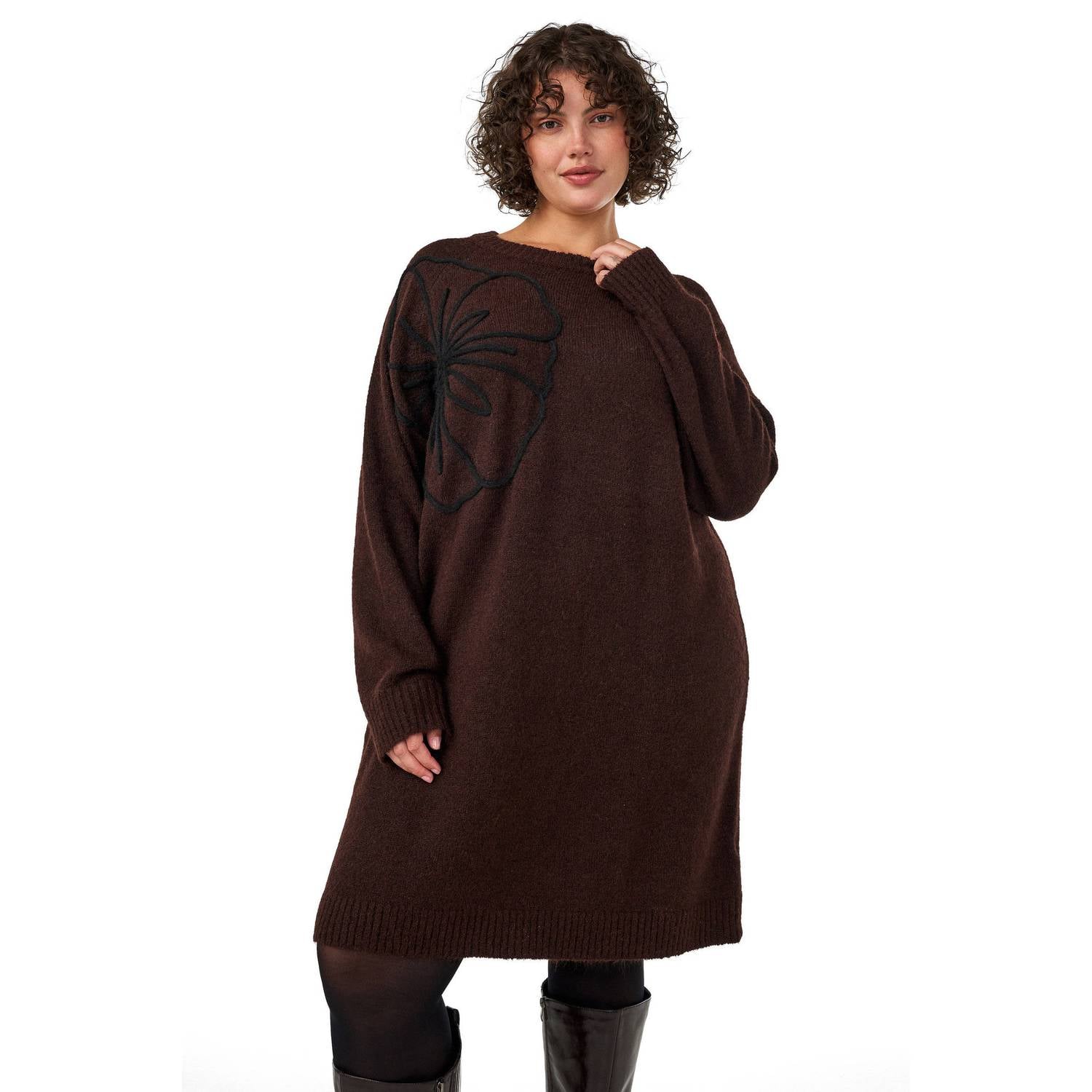 Zizzi Plus Size gebreide midi jurk met borduursels en wol donkerbruin
