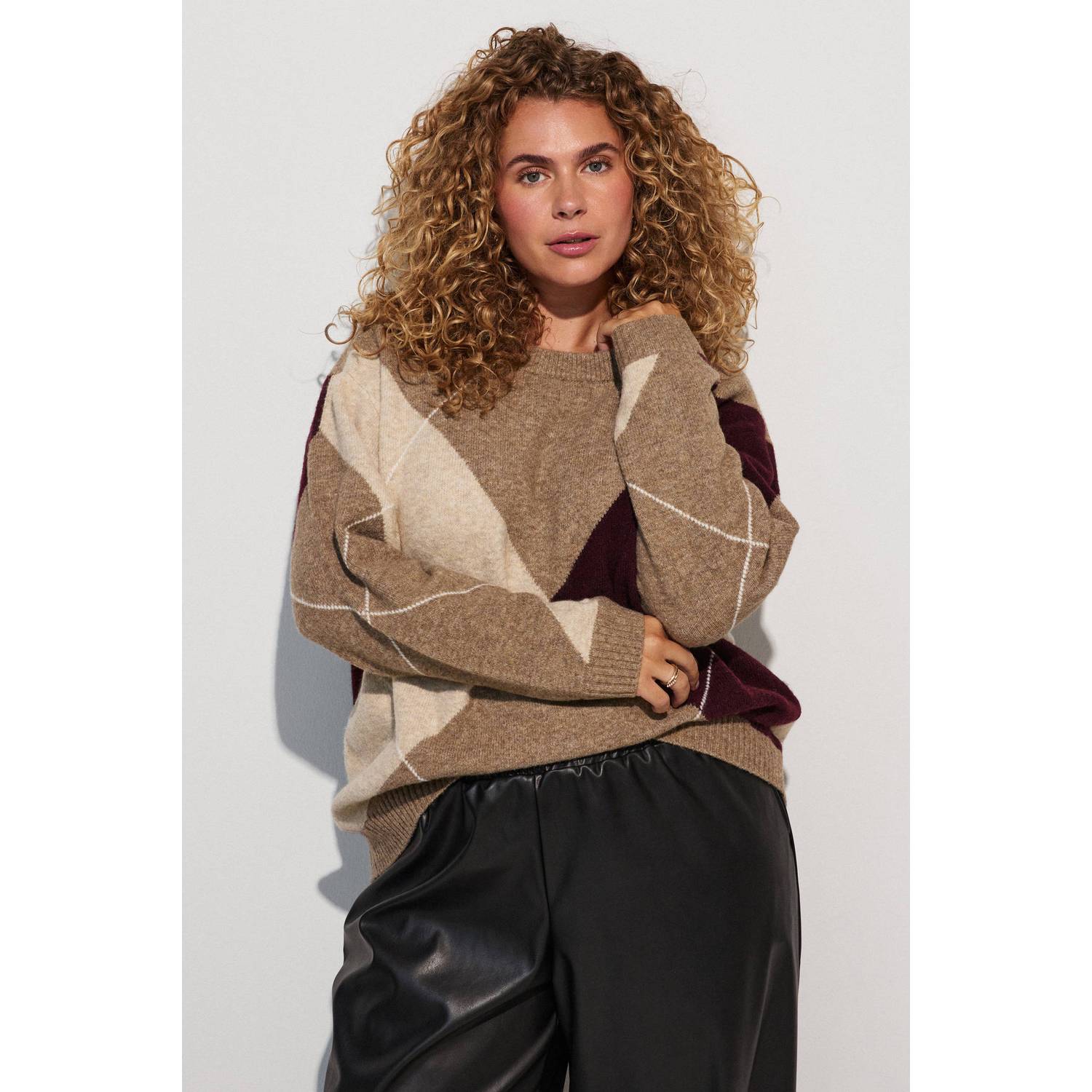 Zizzi Plus Size geruite gebreide trui met wol zand
