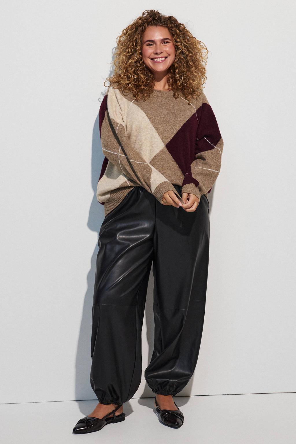 Zizzi Plus Size geruite gebreide trui met wol - zand