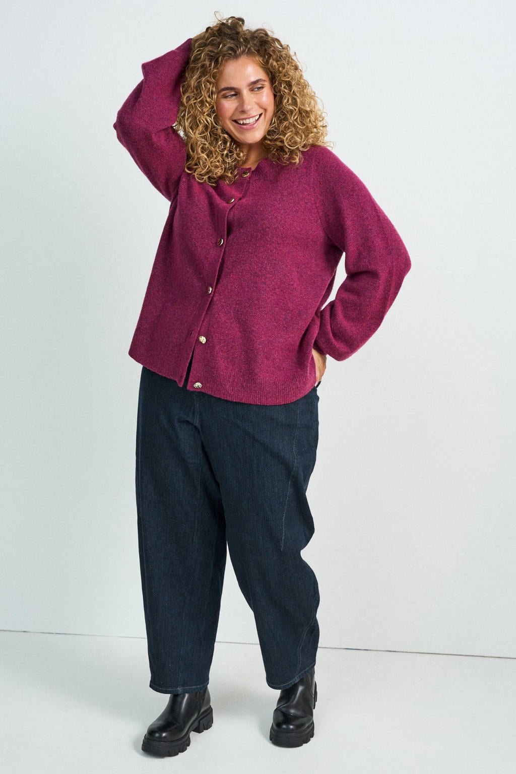 Rode dames Zizzi gebreide vest Plus Size van polyamide met effen, lange mouwen en knoopsluiting