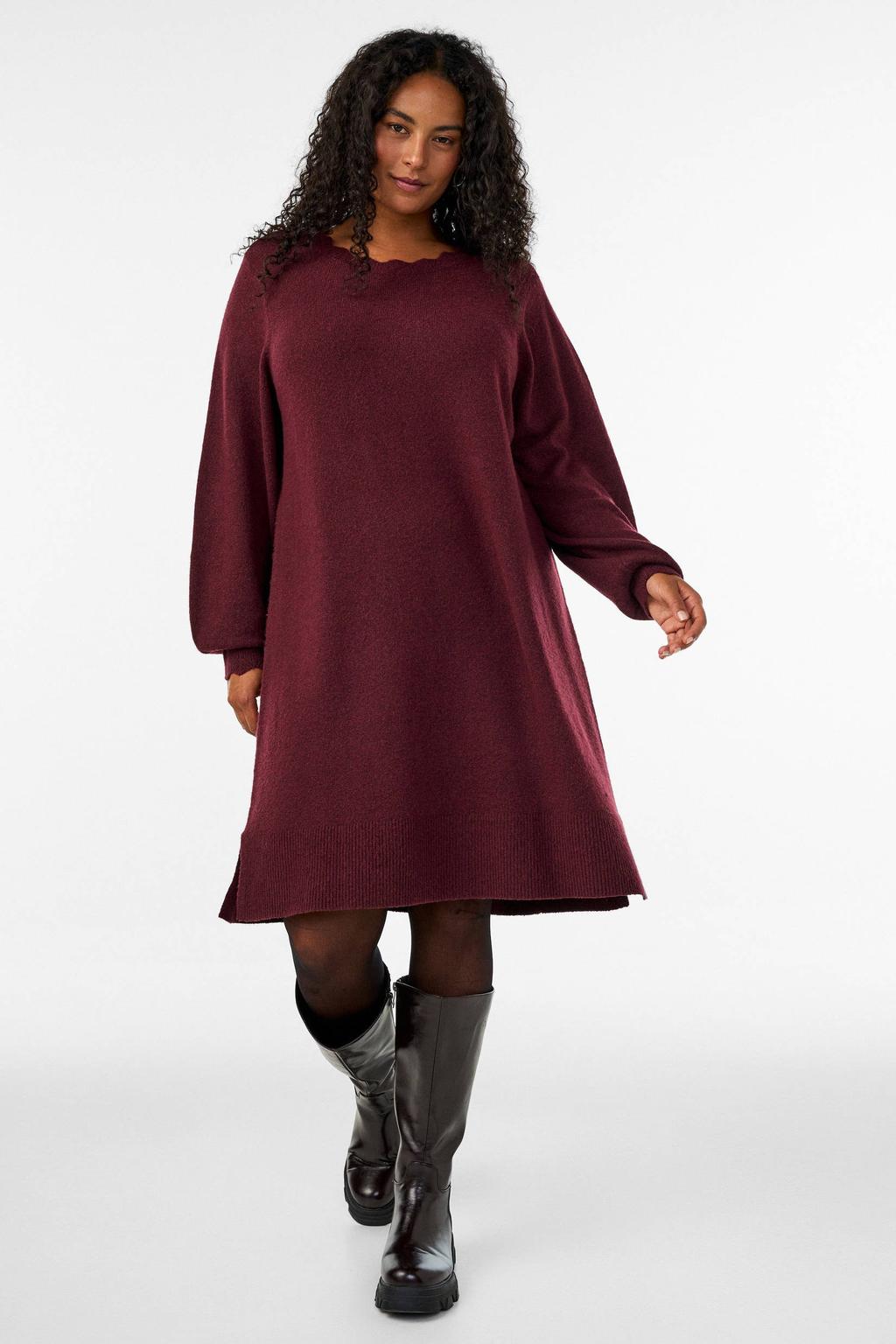 Donkerrode dames Zizzi gebreide jurk Plus Size van polyester met effen en lange mouwen