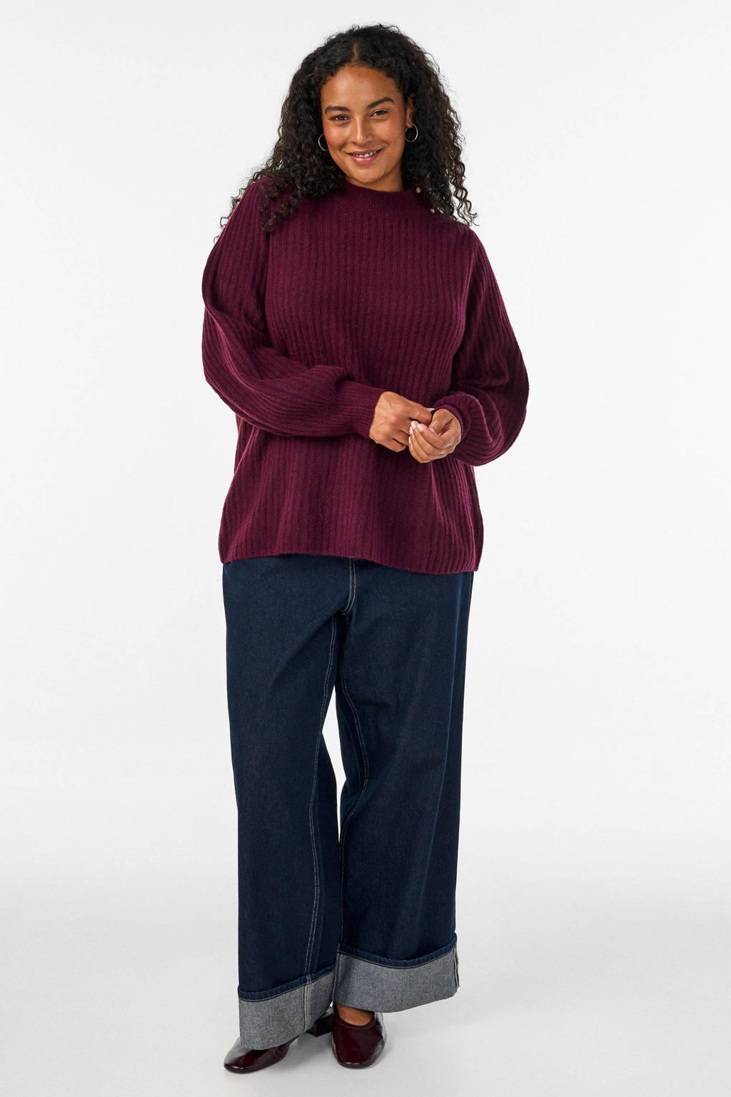 Donkerrode dames Zizzi Plus Size coltrui met effen, lange mouwen en knoopdetail