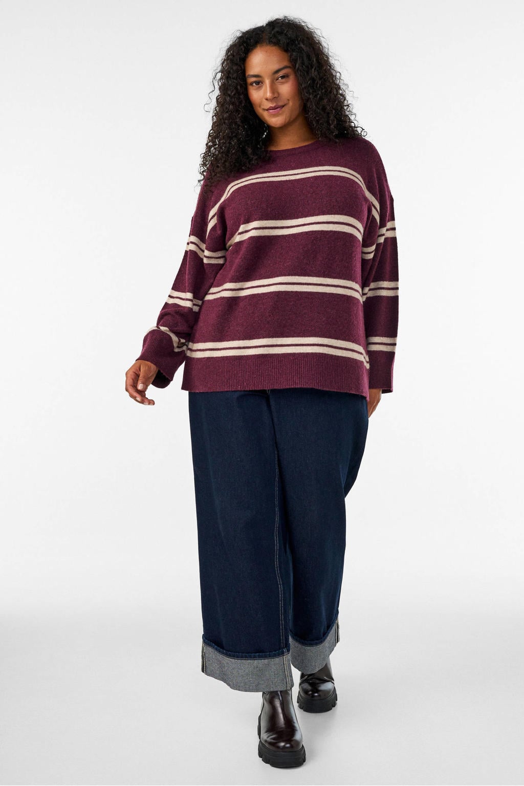 Zizzi gebreide gestreepte trui Plus Size met wol - donkerrood
