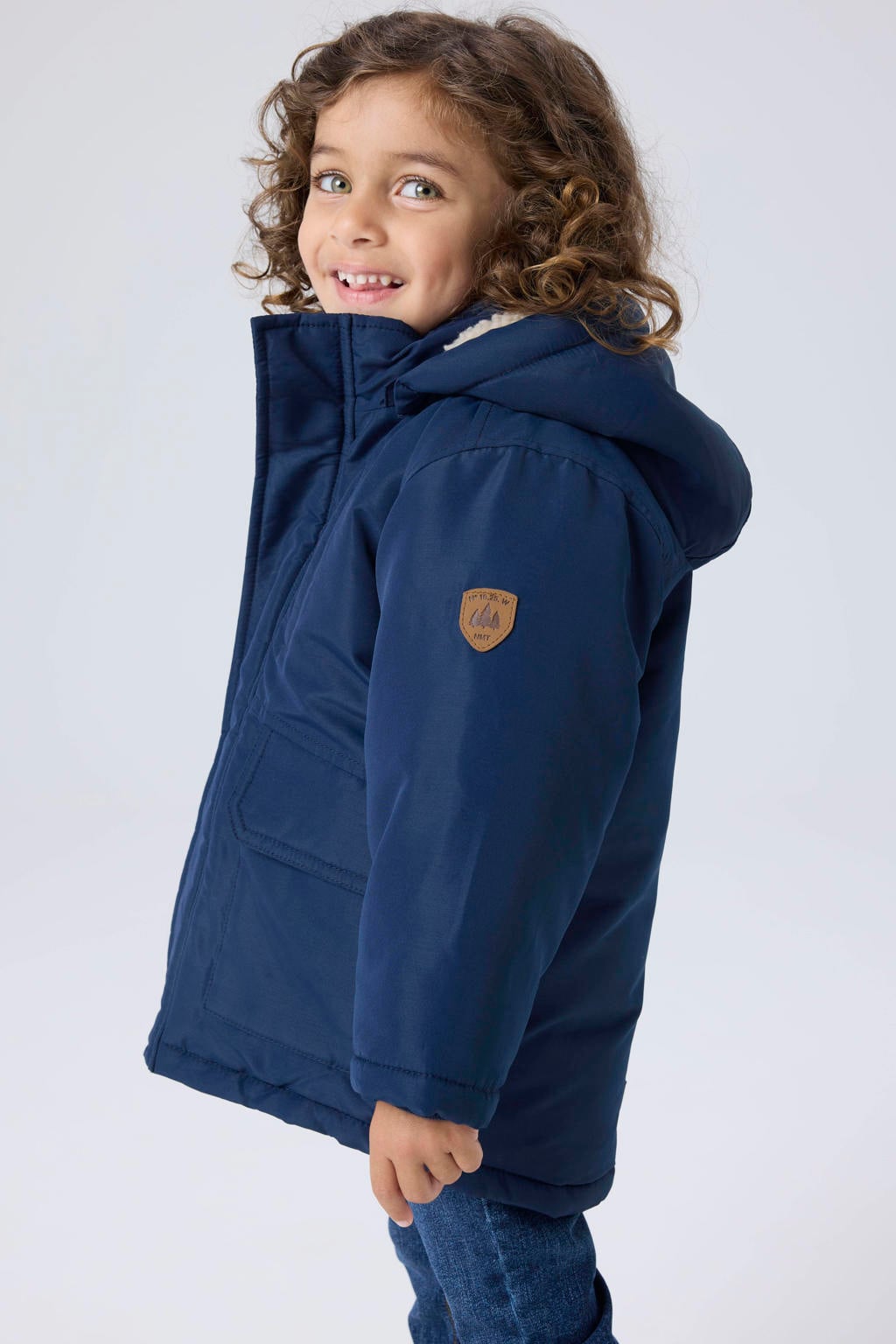 Donkerblauwe jongens NAME IT MINI parka van polyester met effen, lange mouwen, capuchon en drukknoopsluiting
