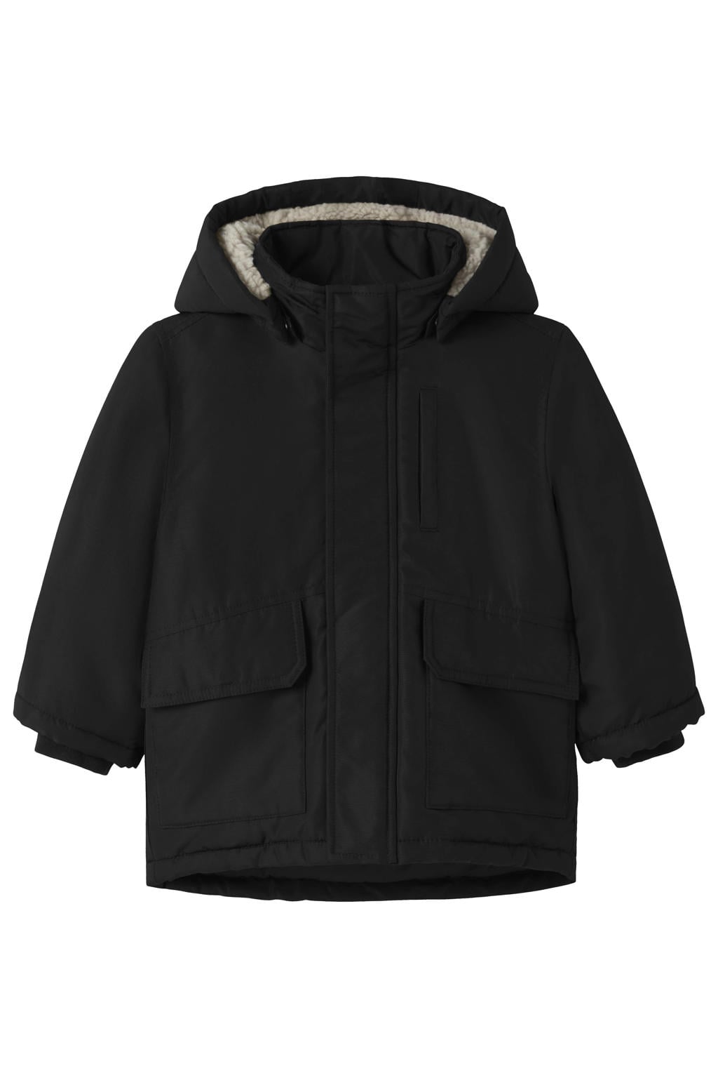 Zwarte jongens NAME IT MINI junior parka van polyester met effen, lange mouwen, capuchon en drukknoopsluiting