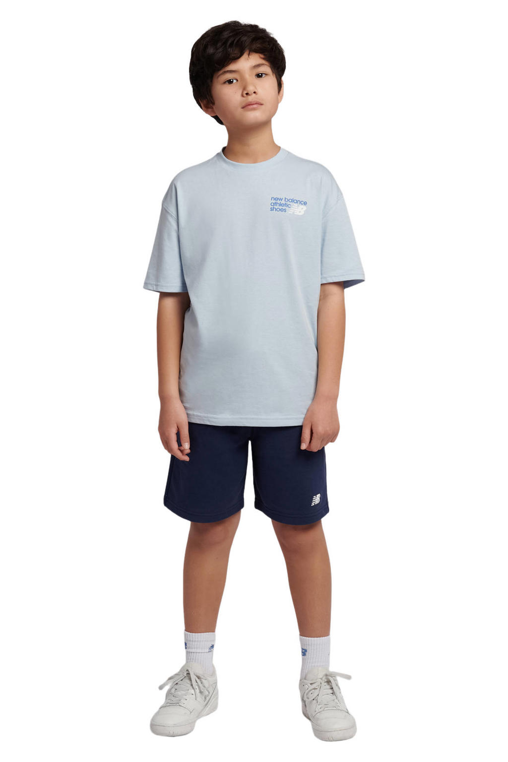 Donkerblauwe jongens en meisjes New Balance sweatshort van katoen met elastische tailleband met koord en effen
