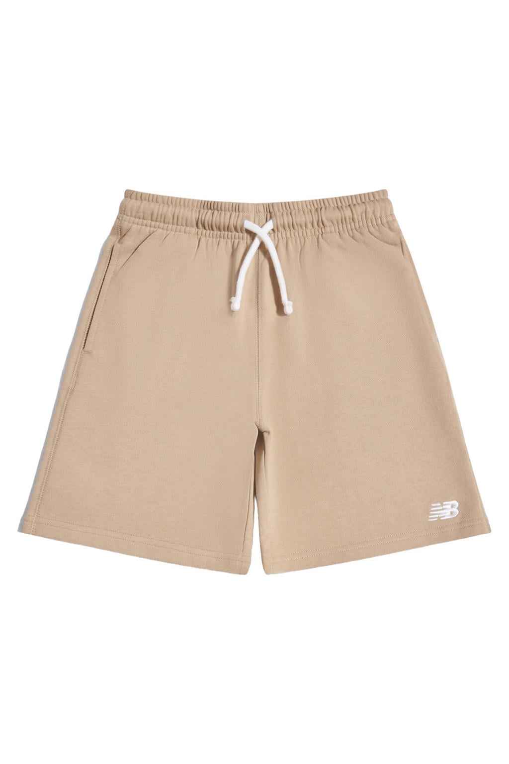 Zandkleurige jongens en meisjes New Balance sweatshort van katoen met elastische tailleband met koord en effen