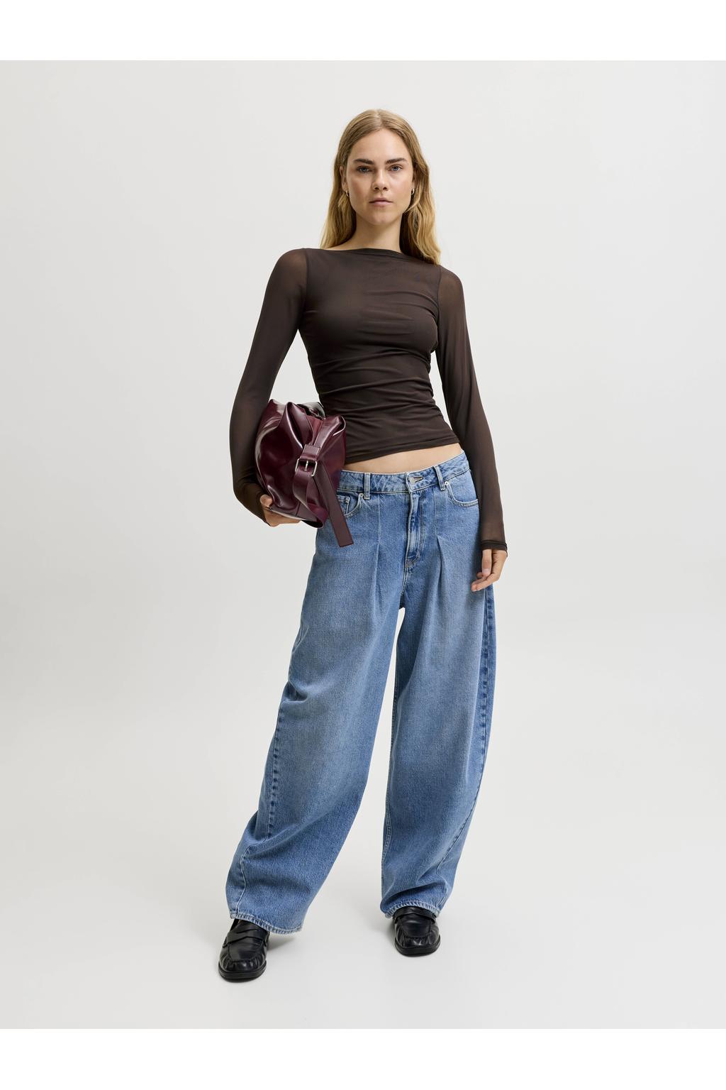 Donkerblauwe dames JJXX slim fit top van mesh met effen, lange mouwen, boothals en mesh