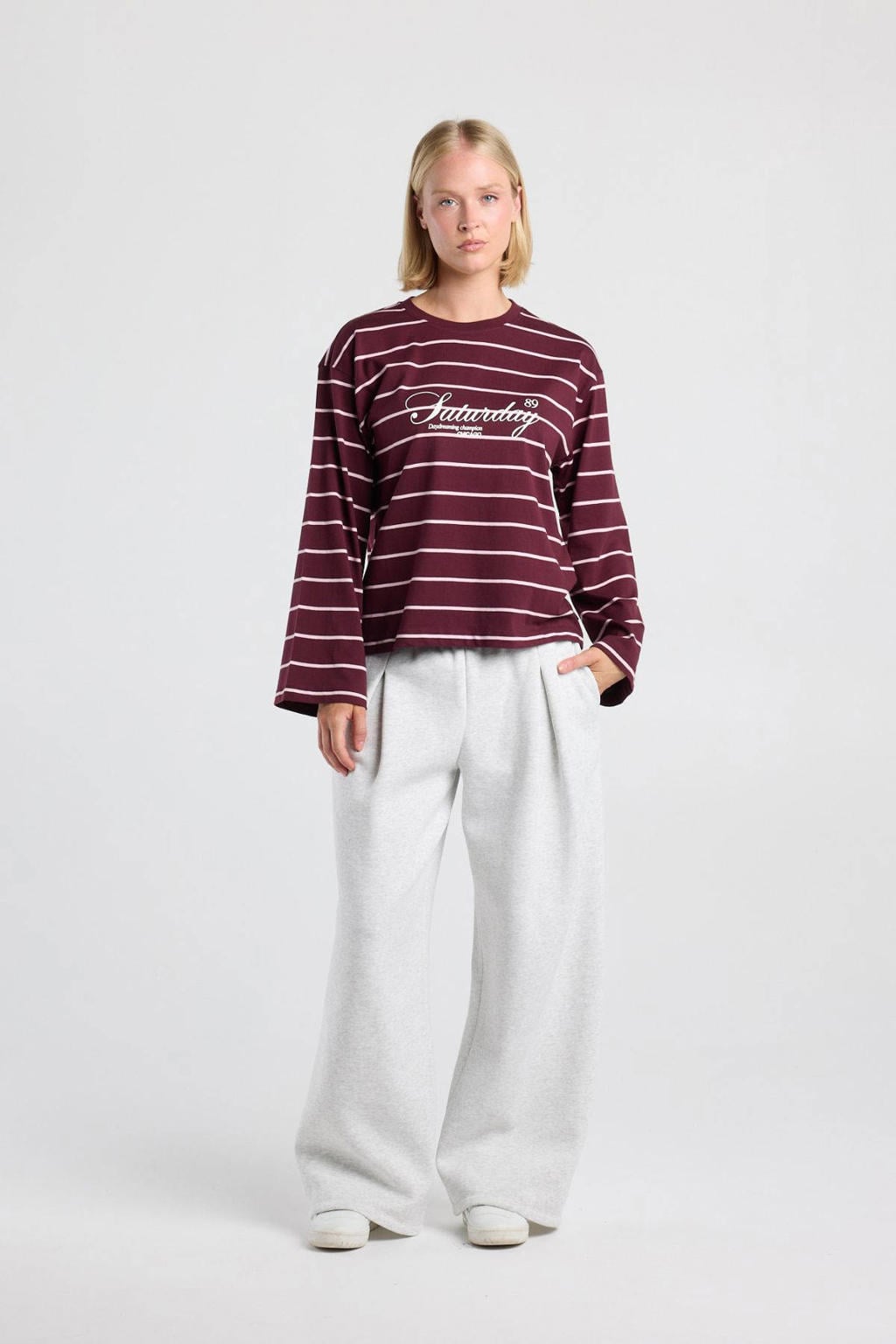 America Today gestreept T-shirt met tekst - donkerrood