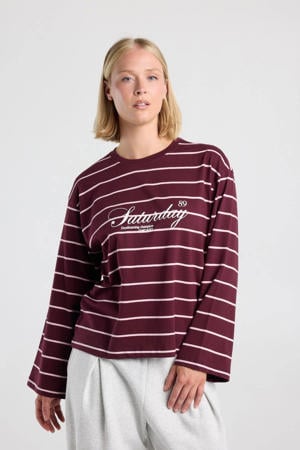 gestreept T-shirt met tekst - donkerrood