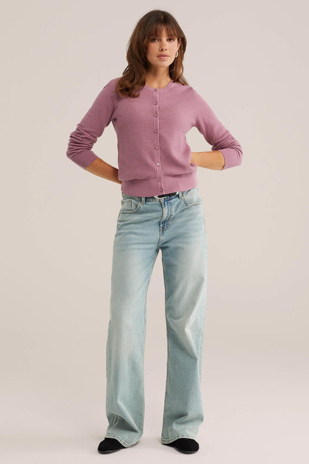 Oudroze dames WE Fashion katoenen gebreide vest met lange mouwen, ronde hals en knoopsluiting