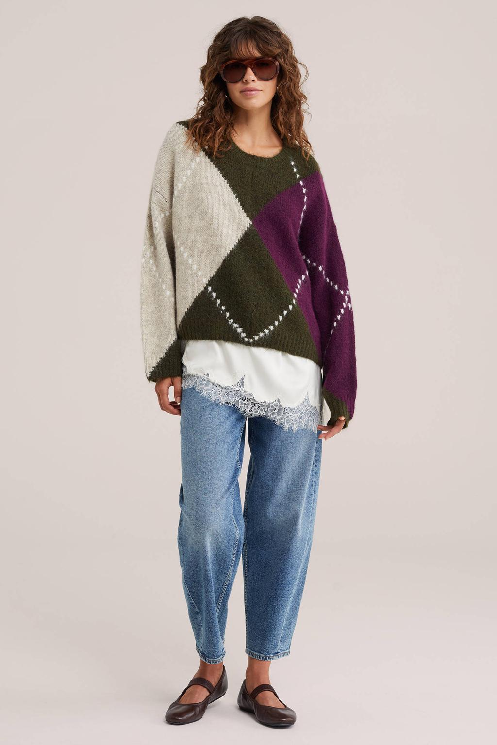 Groen, paars en ecru dames WE Fashion gebreide geruite trui van polyester met lange mouwen en ronde hals