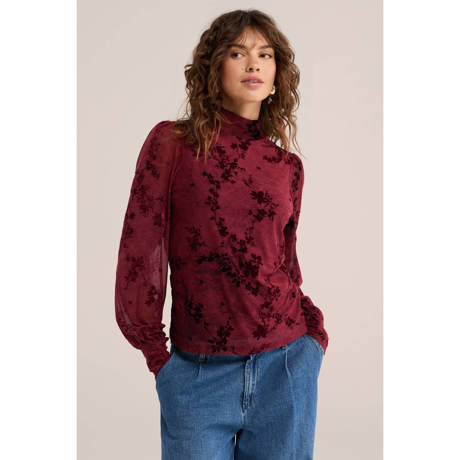 WE Fashion jersey gebloemde semi-transparante top met col donkerrood
