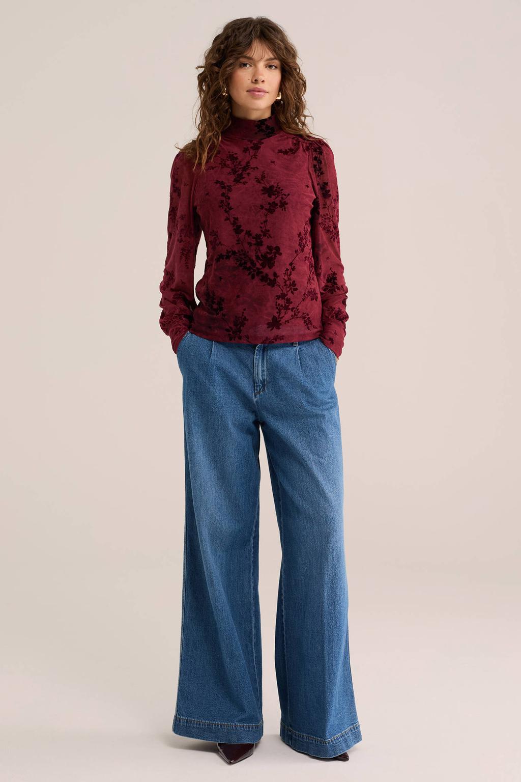 WE Fashion jersey gebloemde semi-transparante top met col - donkerrood