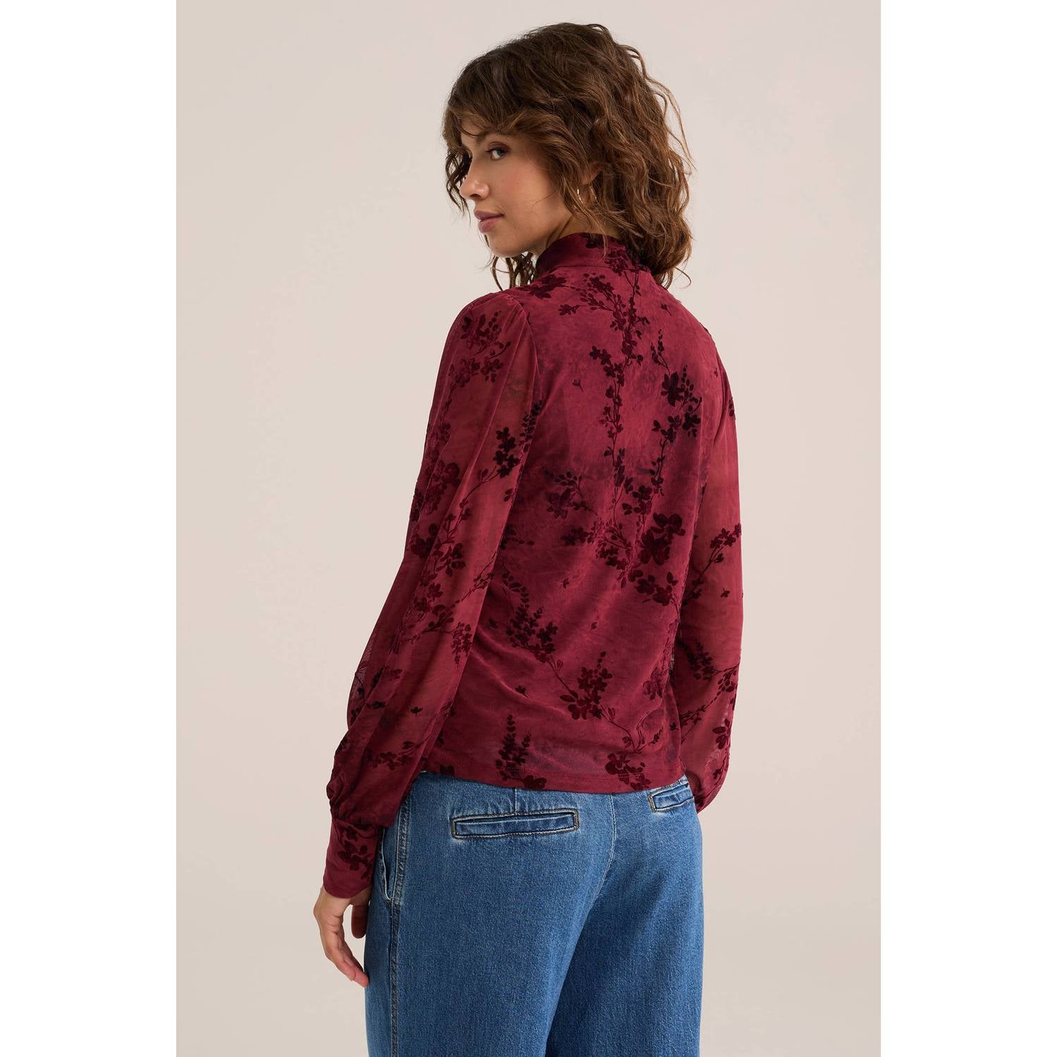 WE Fashion jersey gebloemde semi-transparante top met col donkerrood