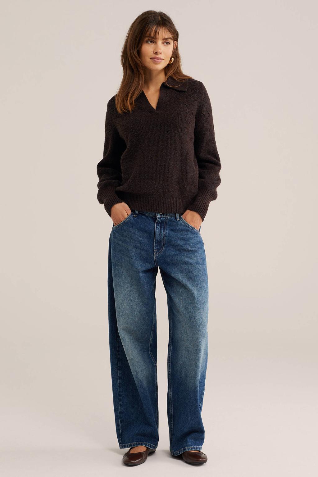 Bruine dames WE Fashion gebreide trui van polyester met effen, lange mouwen en polo kraag