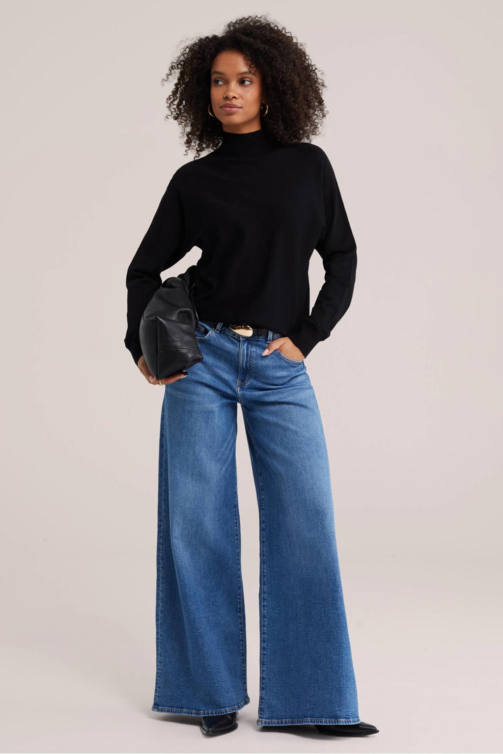 Zwarte dames WE Fashion trui van viscose met effen, lange mouwen en col