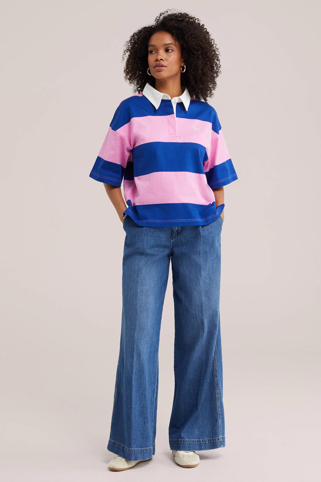 Roze en blauwe dames WE Fashion gestreepte polo van katoen met driekwart mouwen