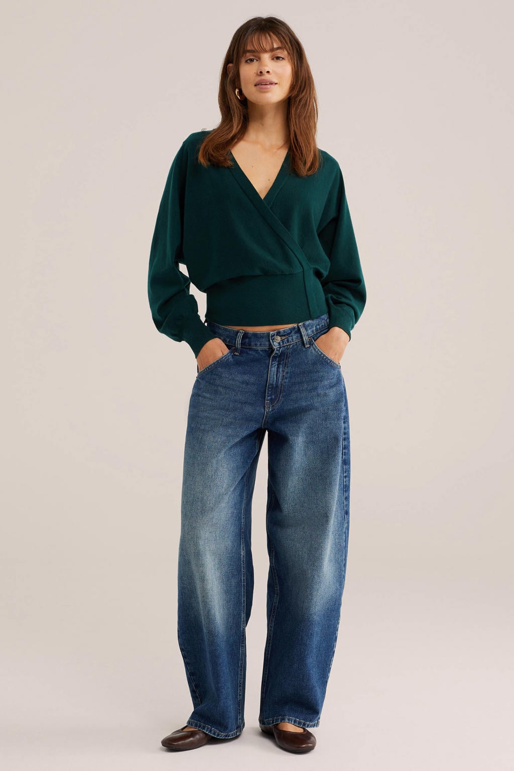 Groene dames WE Fashion van polyester met effen, lange mouwen en overslagkraag