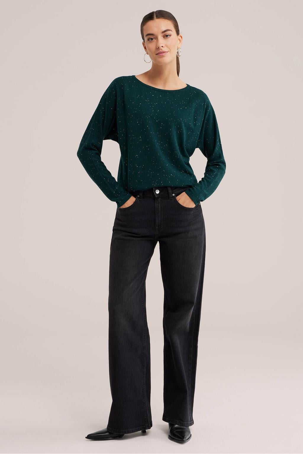WE Fashion gebreide trui met pailletten - donkergroen