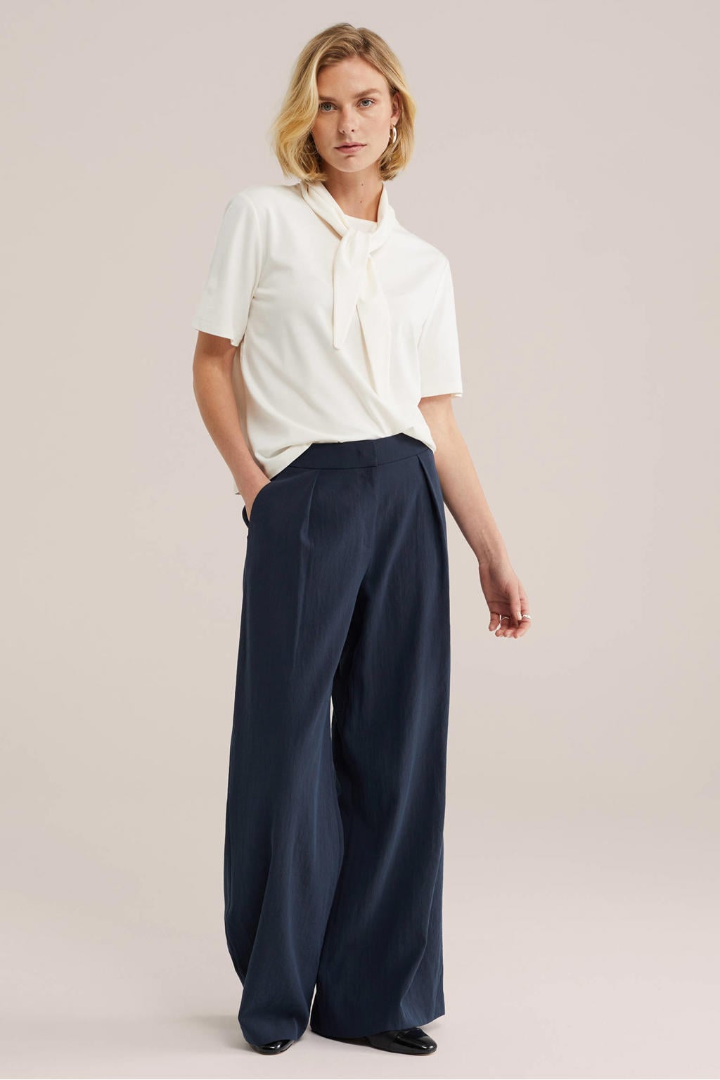 Ecru dames WE Fashion T-shirt van viscose met effen, driekwart mouwen en ronde hals