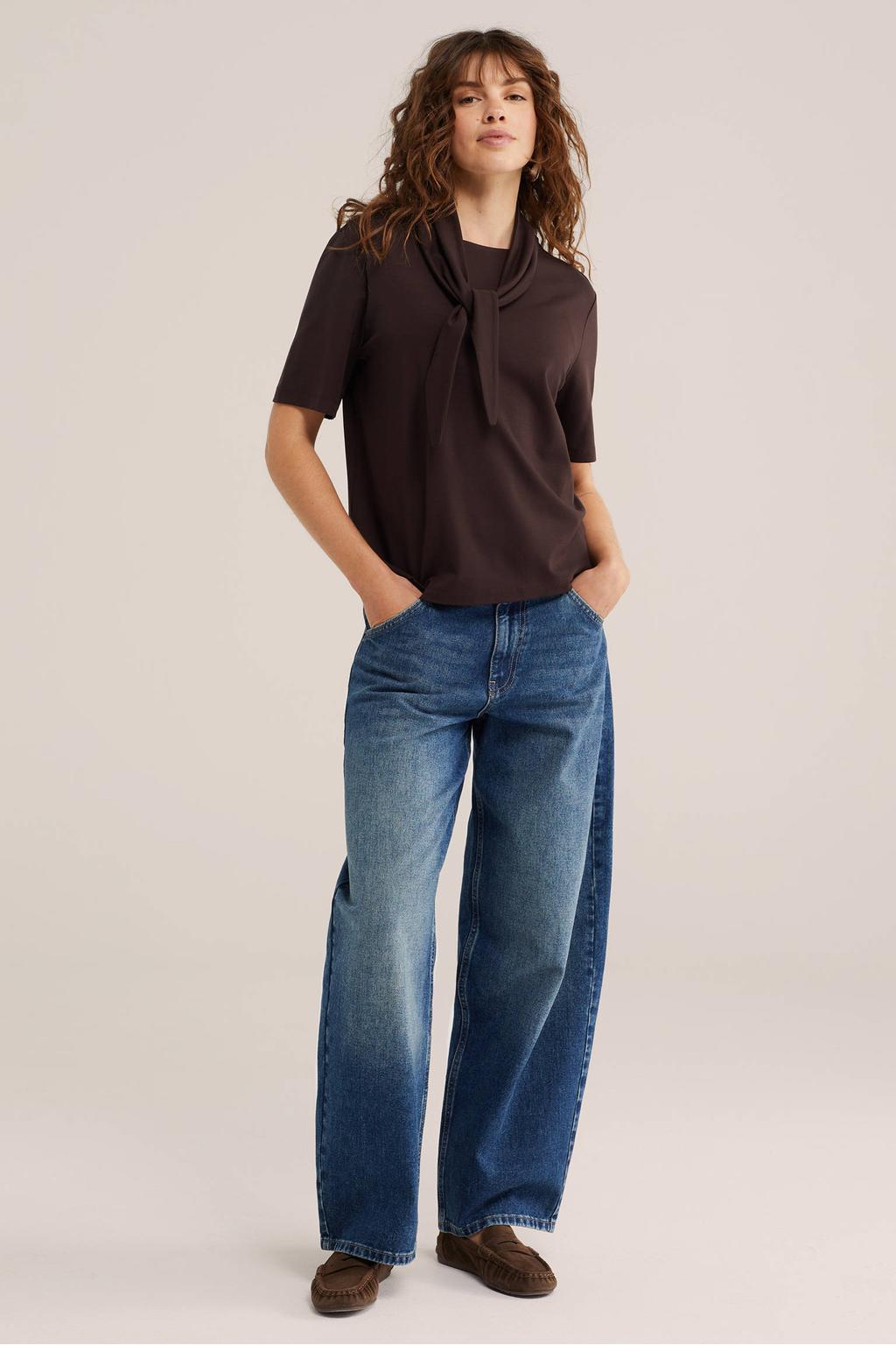 Bruine dames WE Fashion T-shirt van viscose met effen, driekwart mouwen en ronde hals