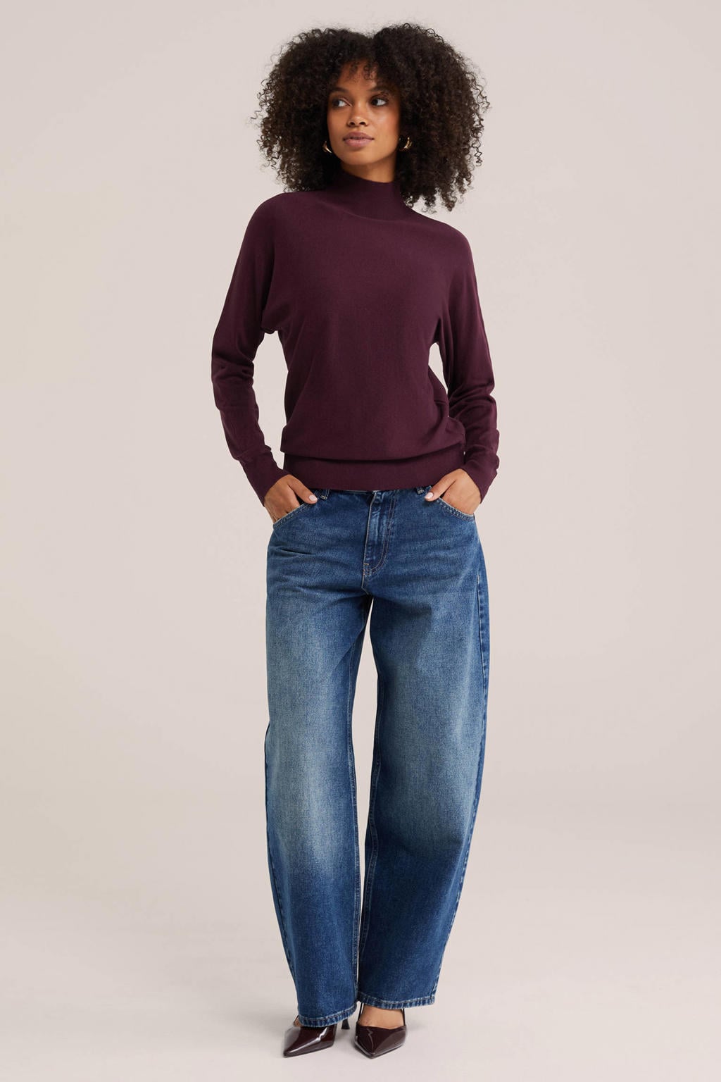Aubergine dames WE Fashion trui van viscose met effen, lange mouwen en col
