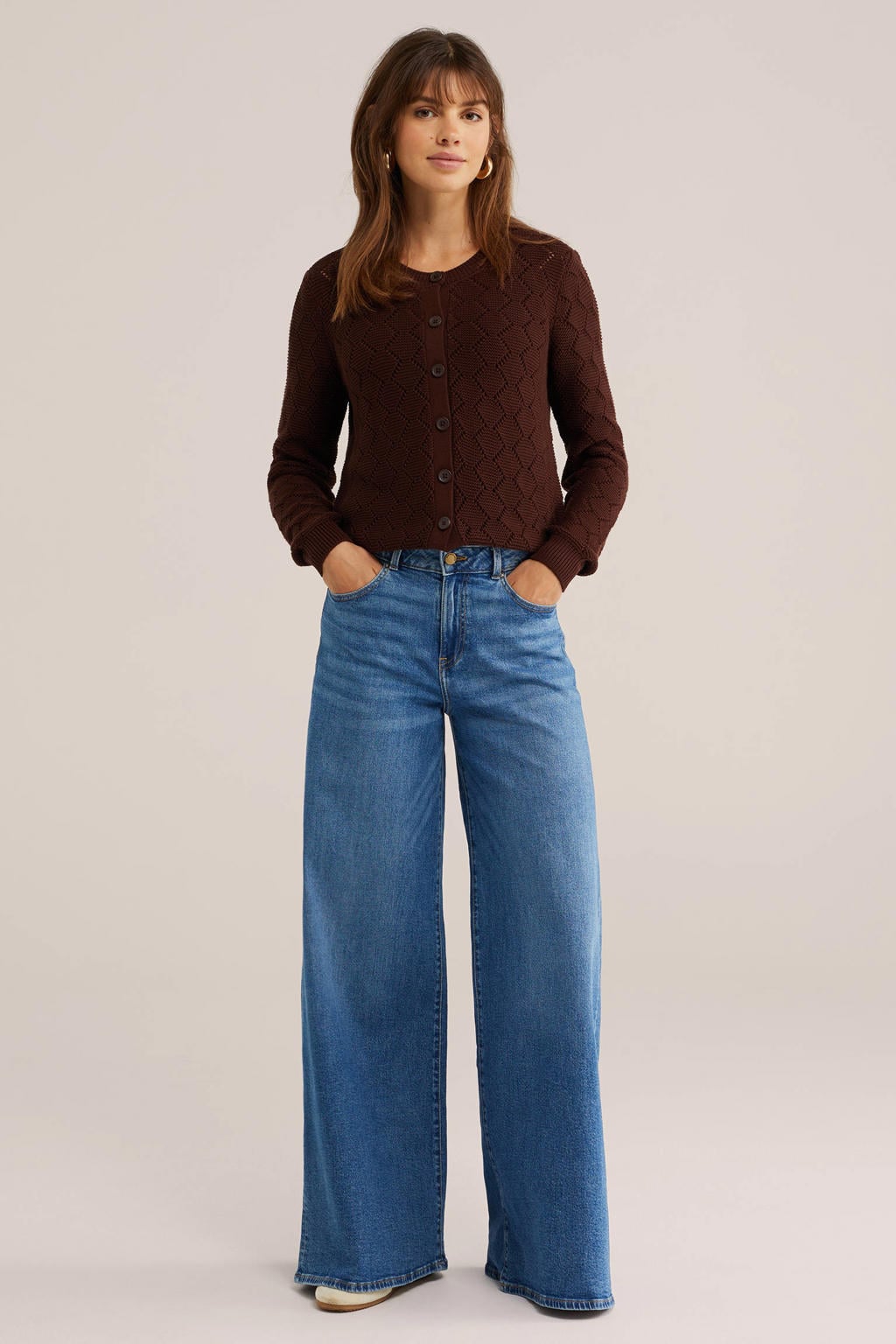 Donkerrode dames WE Fashion katoenen gebreide vest met lange mouwen, ronde hals en knoopsluiting