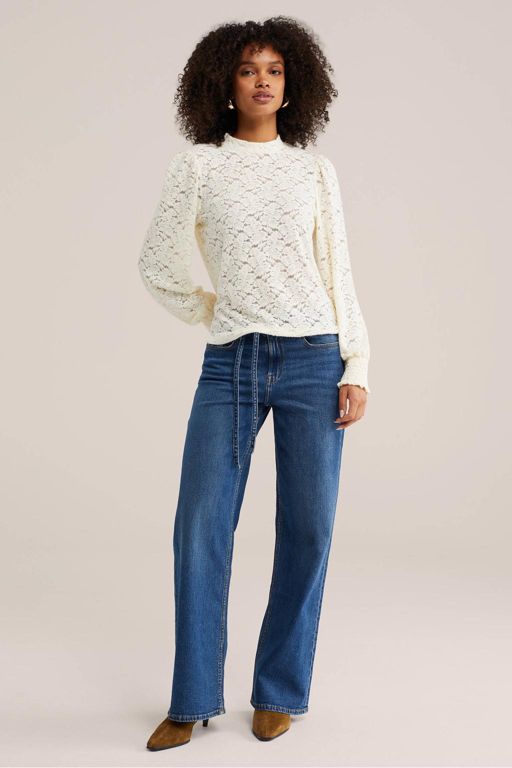 Ecru dames WE Fashion top van polyamide met effen en lange mouwen