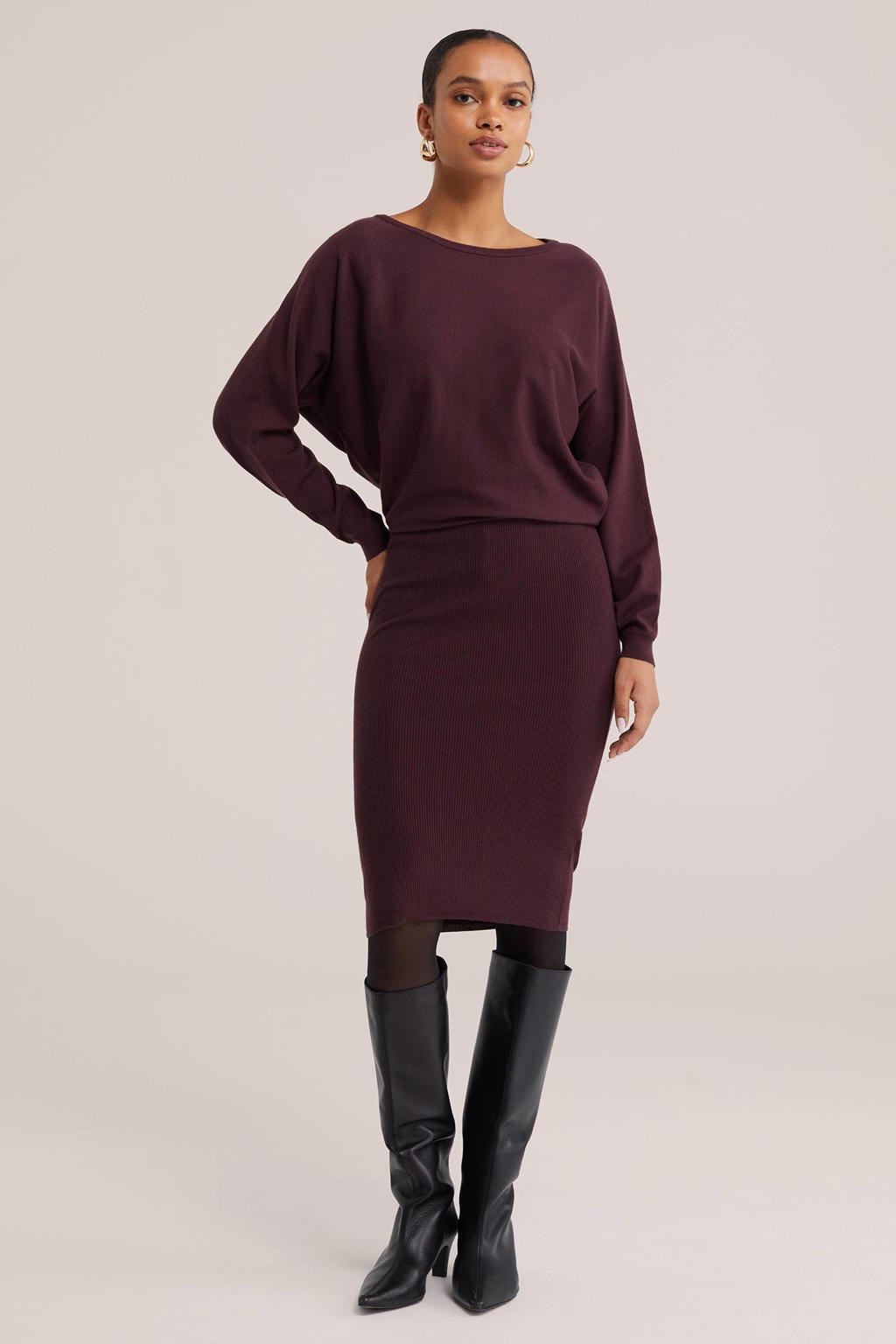 Aubergine dames WE Fashion trui van viscose met effen, lange mouwen en boothals