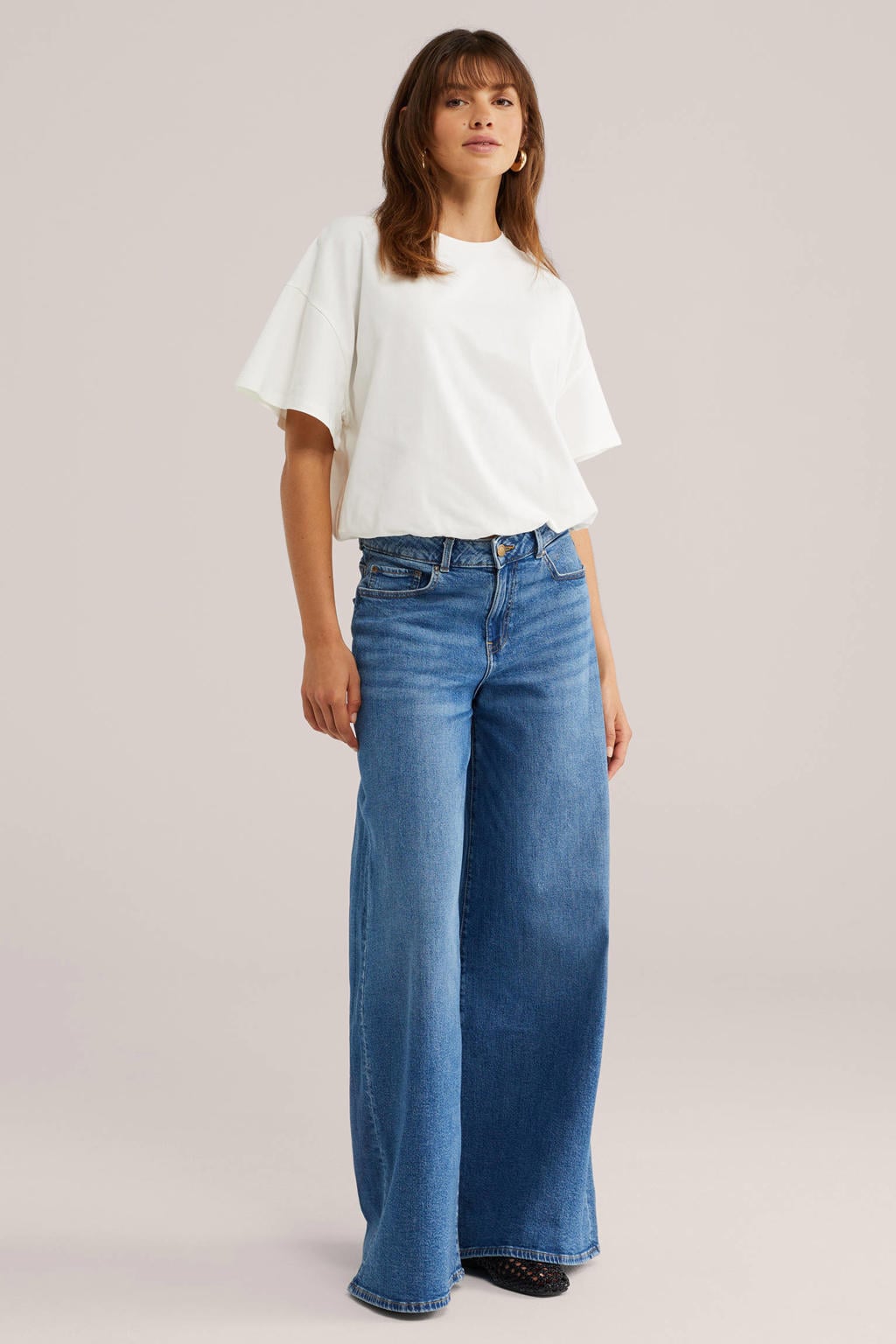 Witte dames WE Fashion baloontop van katoen met effen, driekwart mouwen en ronde hals
