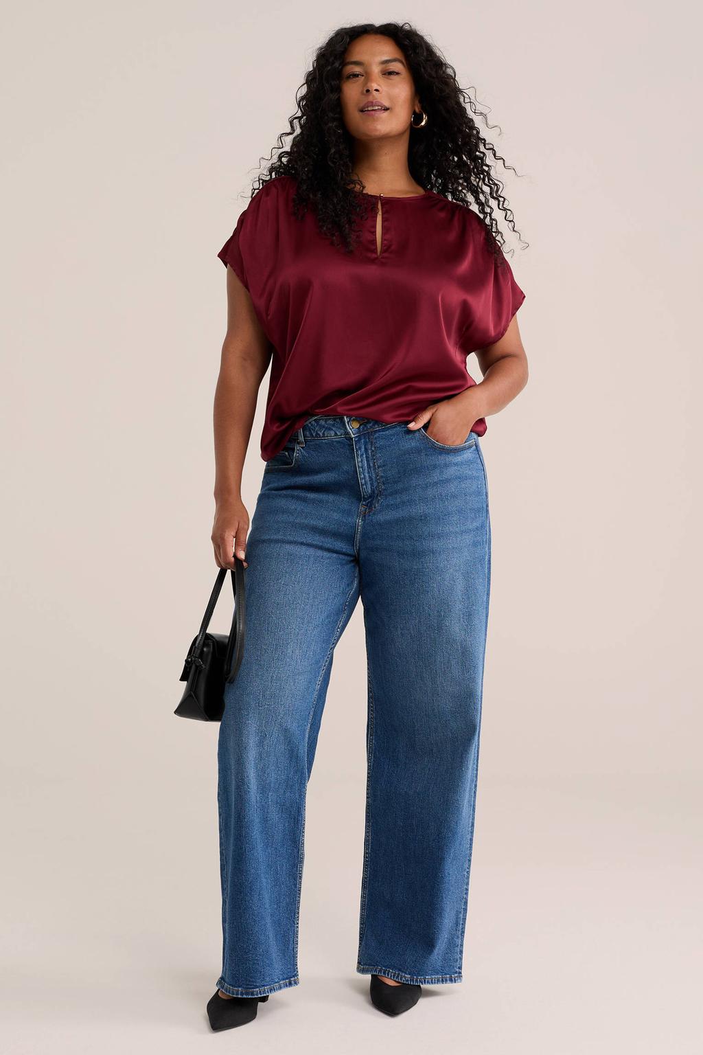 Donkerrode dames WE Fashion Curve Top look van polyester met effen, korte mouwen en ronde hals