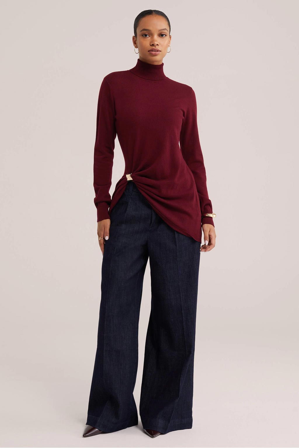 Donkerrode dames WE Fashion gebreide trui van polyester met effen, lange mouwen, col en siergesp