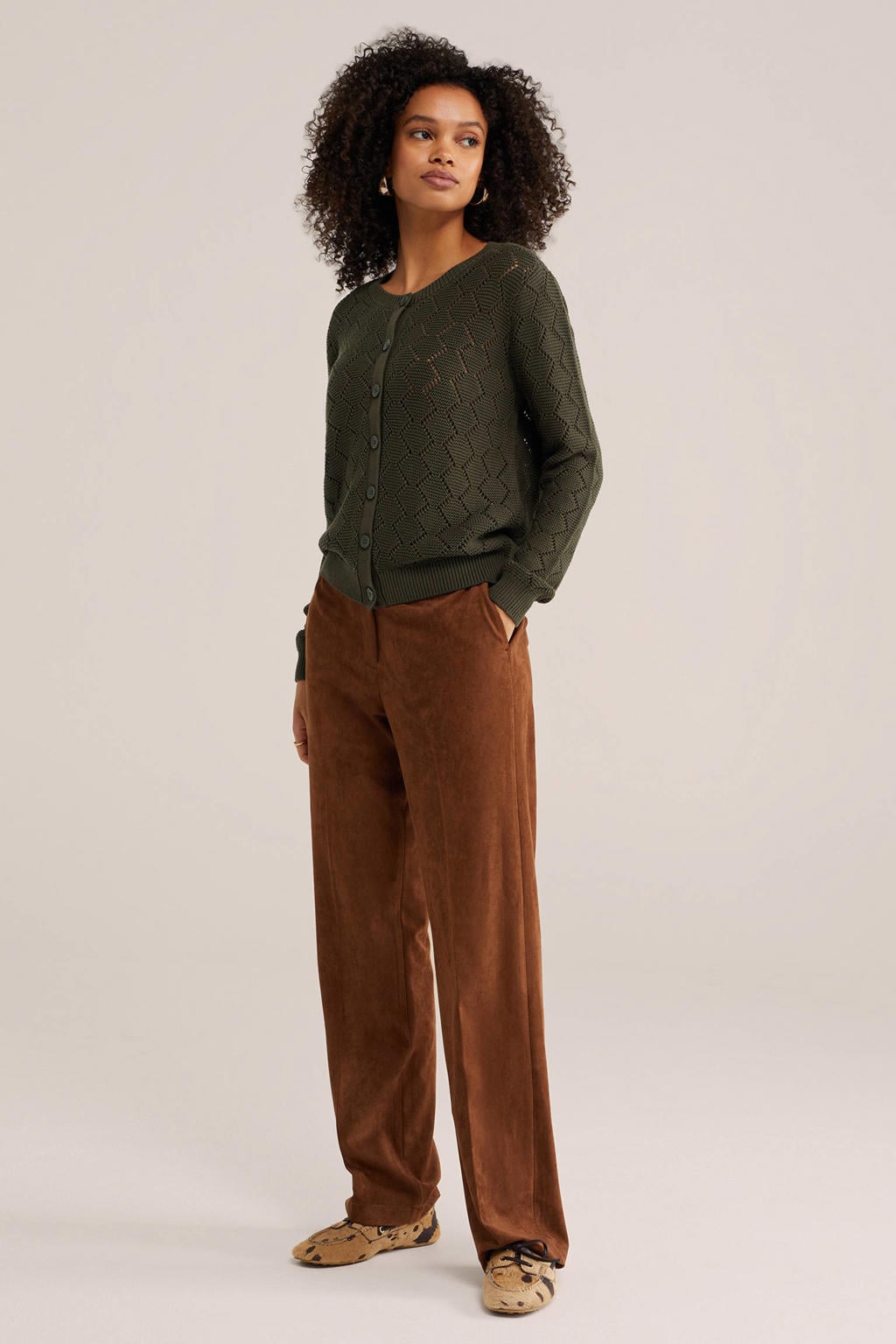 Groene dames WE Fashion katoenen gebreide vest met lange mouwen, ronde hals en knoopsluiting
