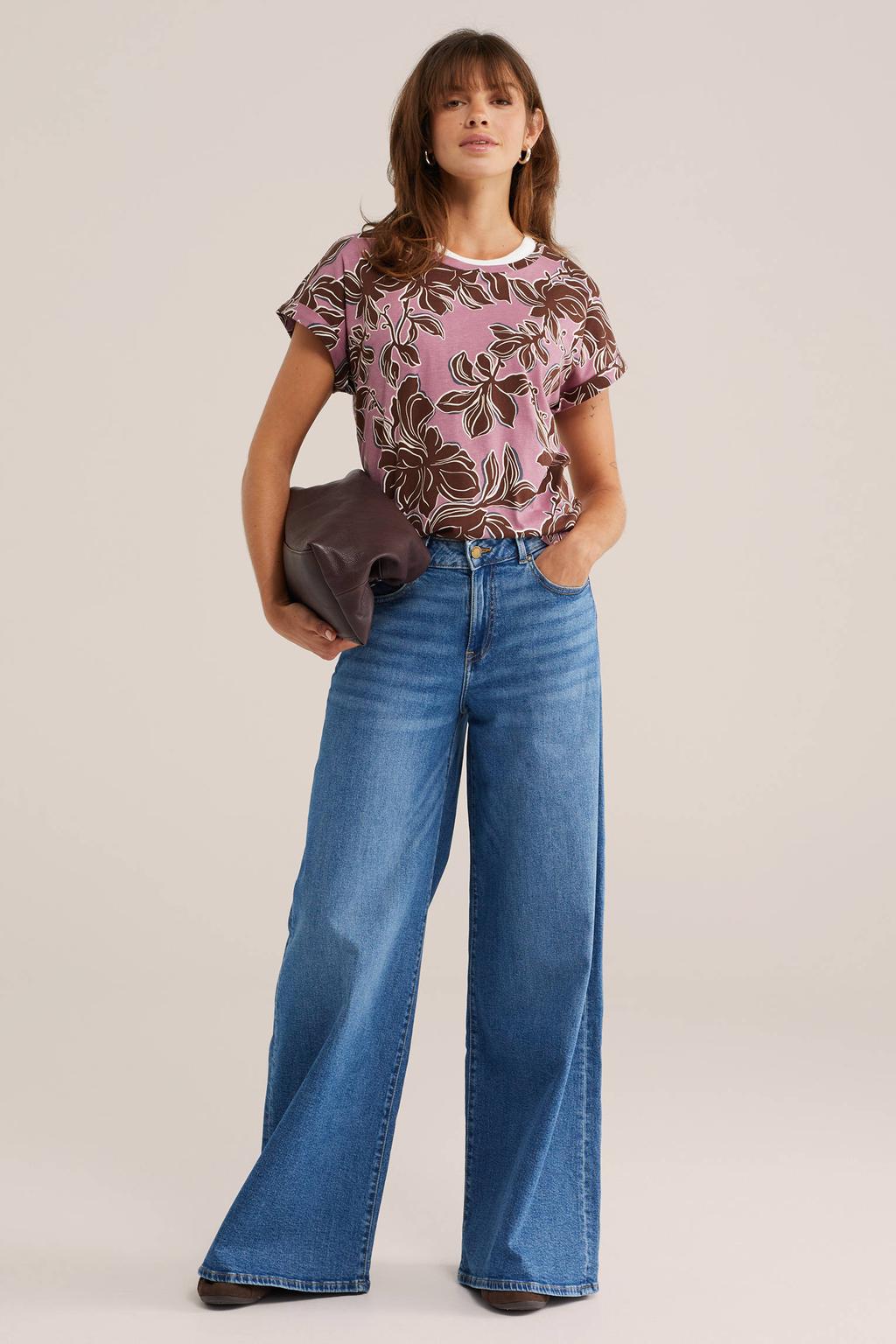 Bruin, roze en witte dames WE Fashion T-shirt van katoen met korte mouwen en ronde hals
