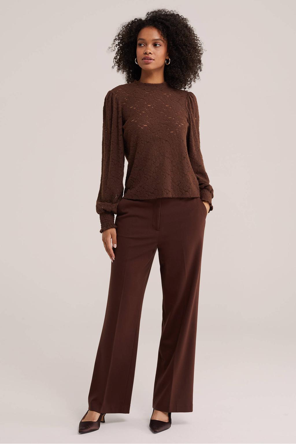 Bruine dames WE Fashion top van polyamide met effen en lange mouwen