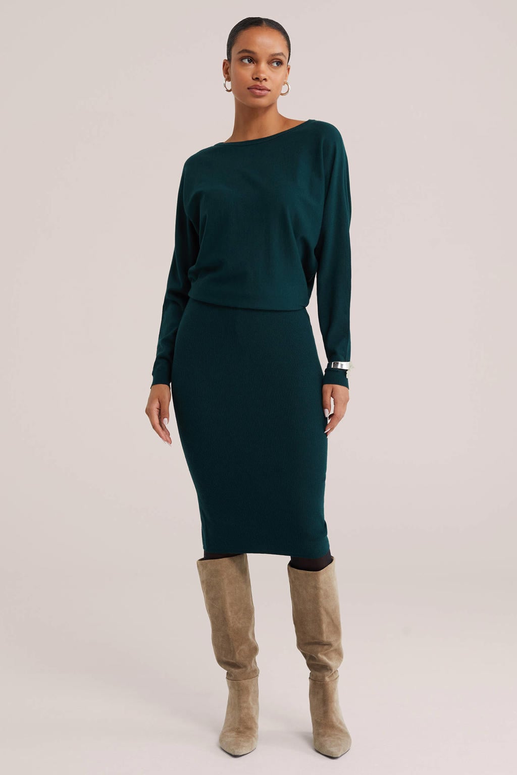 Donkergroene dames WE Fashion trui van viscose met effen, lange mouwen en boothals
