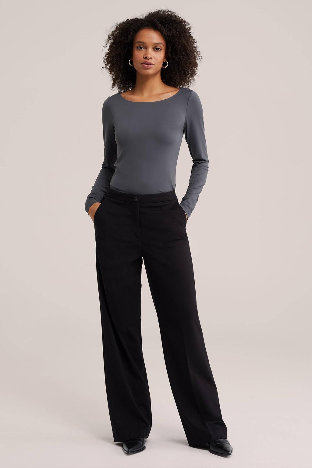 Grijze dames WE Fashion aansluitend T-shirt van nylon met effen, lange mouwen en boothals