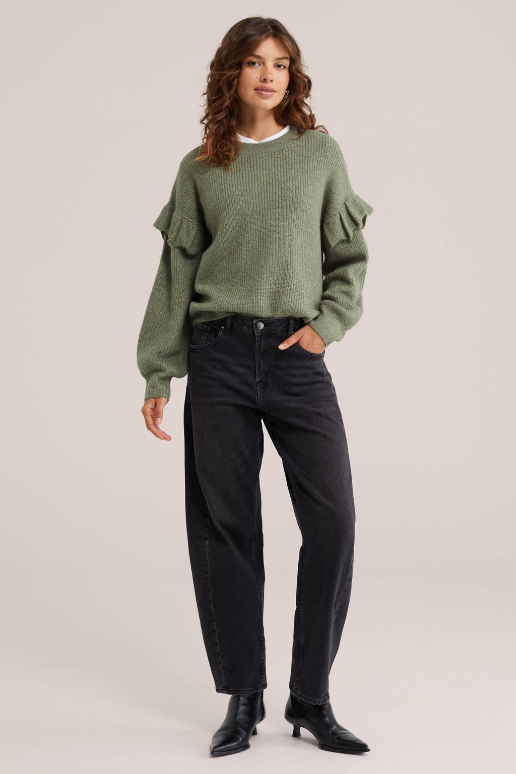 Groene dames WE Fashion gebreide trui van acryl met effen, lange mouwen en ronde hals