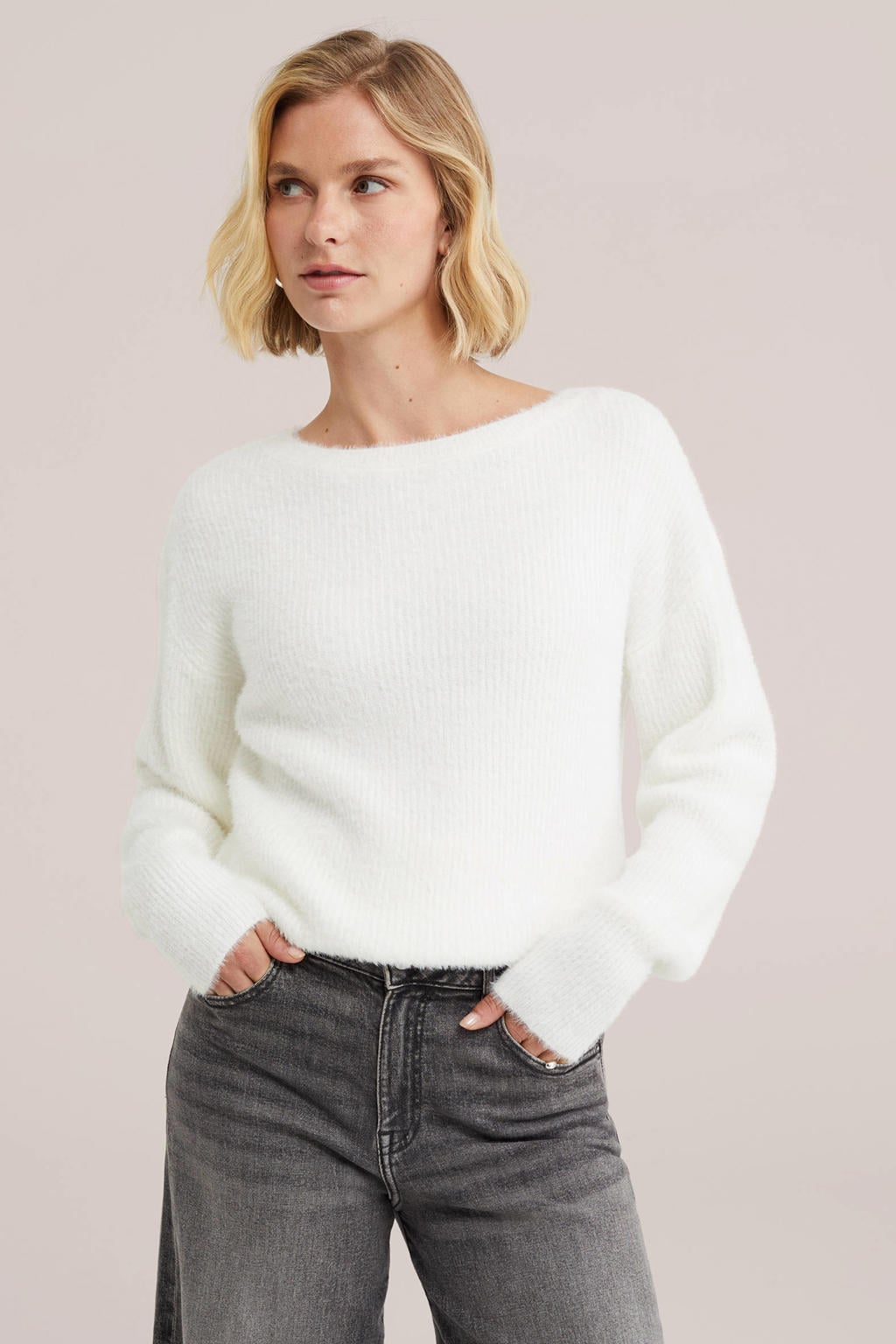 Ecru dames WE Fashion gebreide trui van polyamide met effen, lange mouwen en boothals