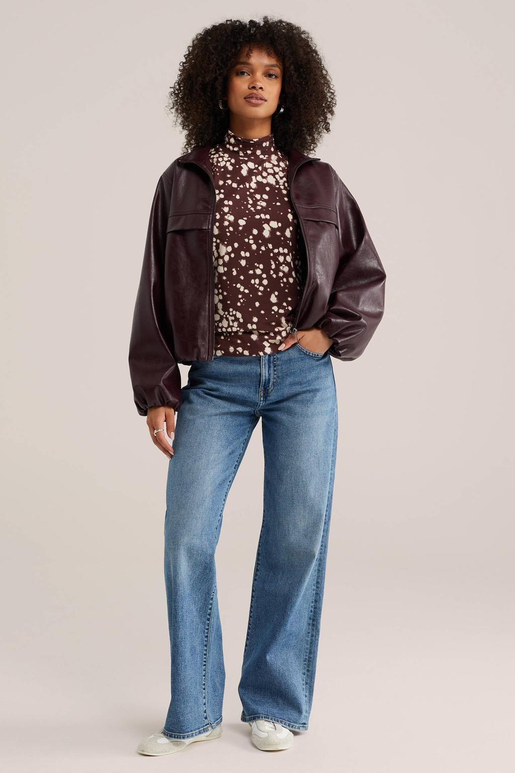 Aubergine en ecru dames WE Fashion top met lange mouwen
