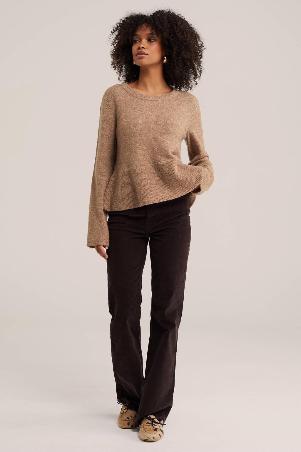 Beige dames WE Fashion gebreide trui en wol met lange mouwen, ronde hals en peplum