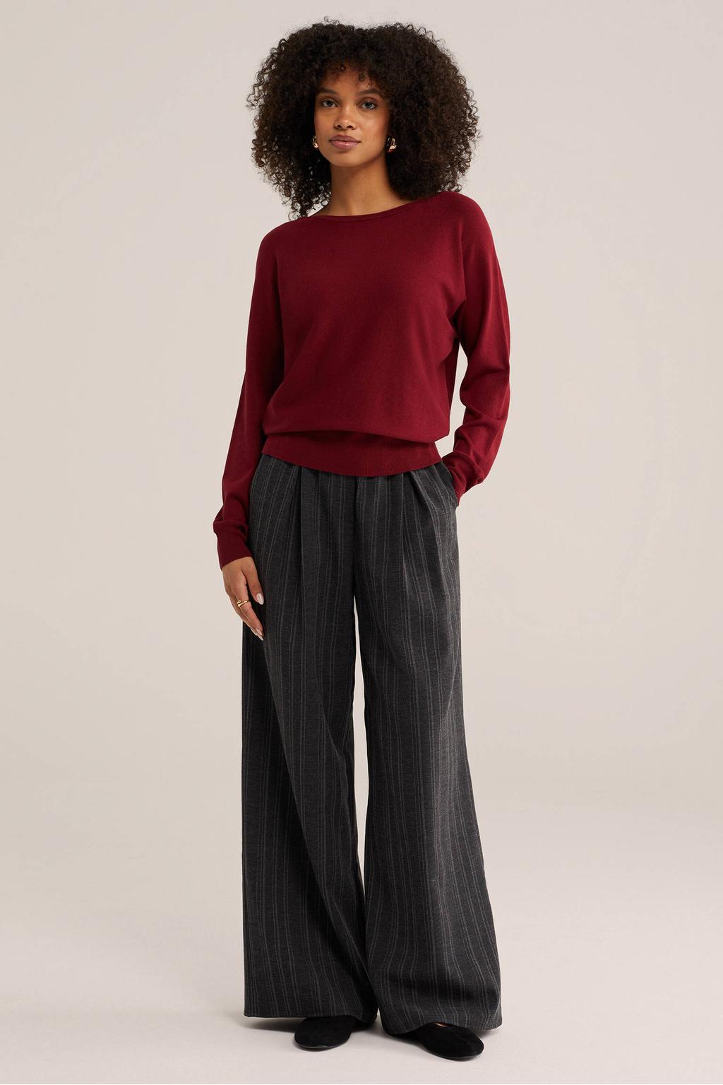 Donkerrode dames WE Fashion trui van viscose met effen, lange mouwen en boothals