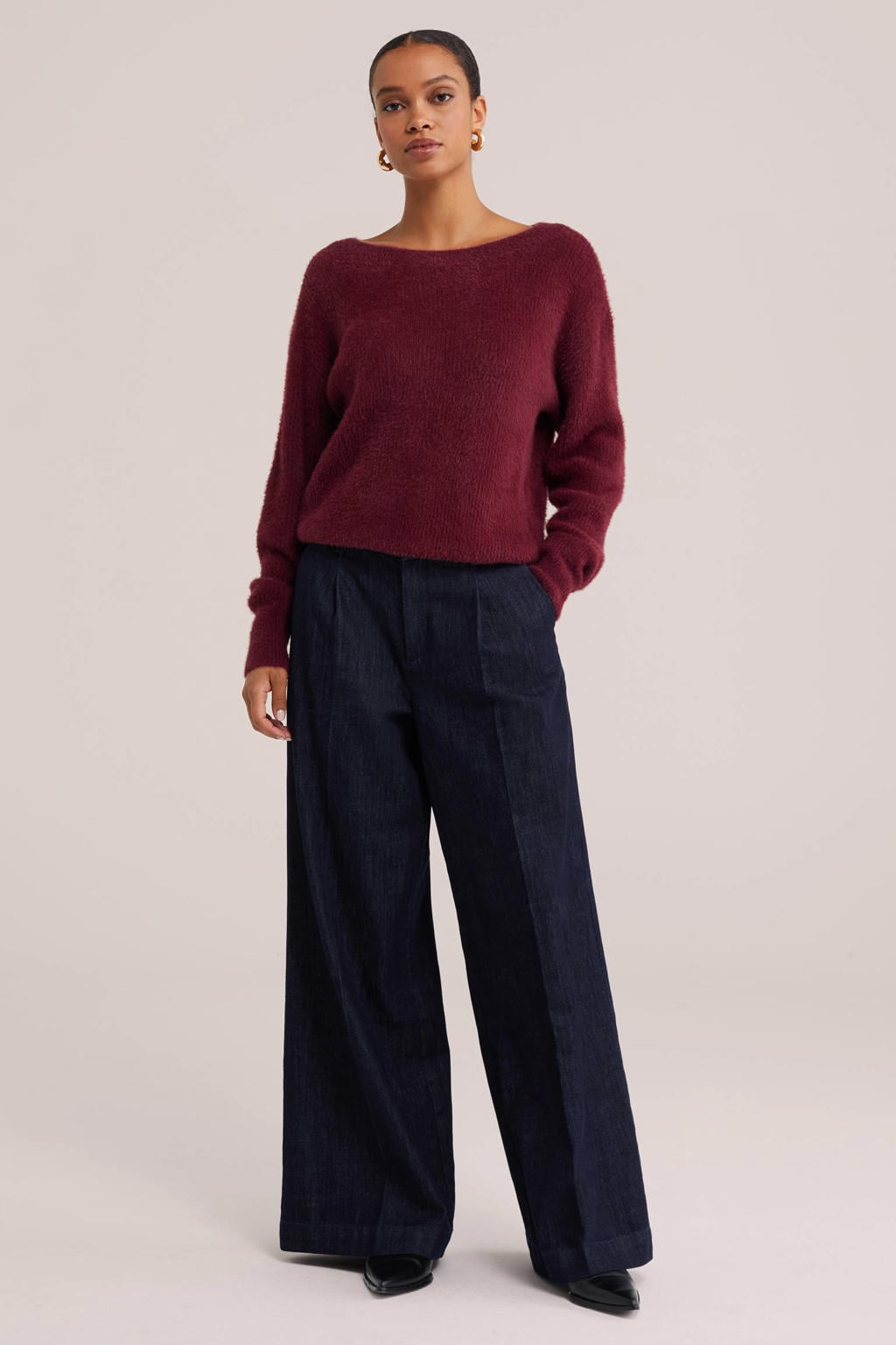 Donkerrode dames WE Fashion gebreide trui van polyamide met effen, lange mouwen en boothals