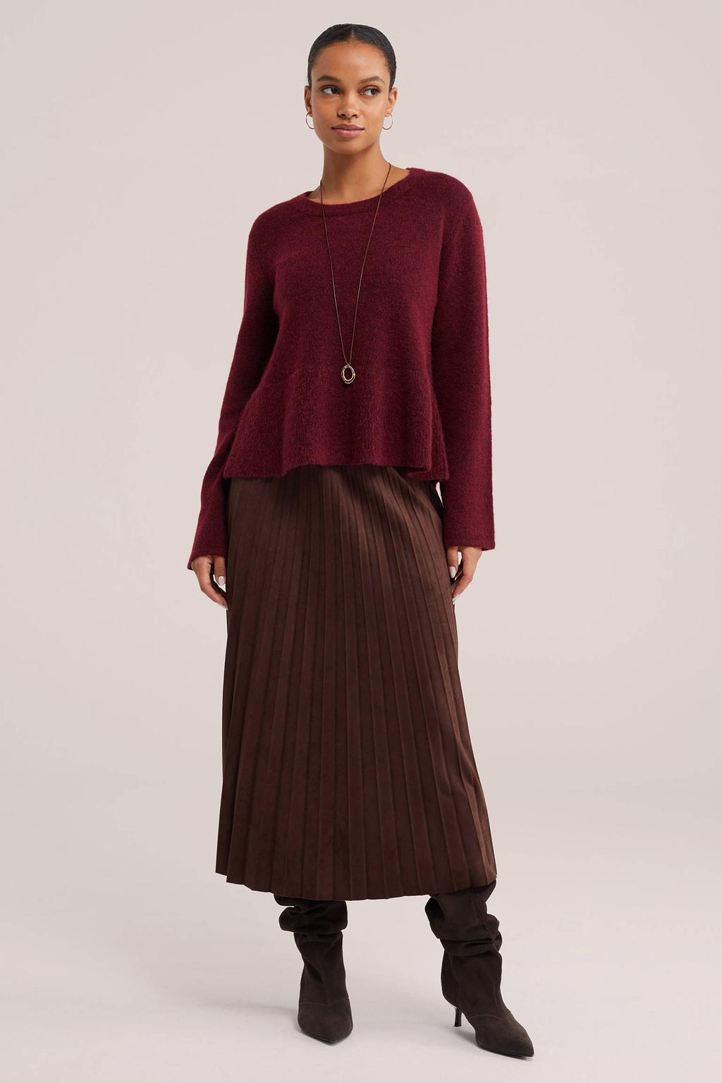 Donkerrode dames WE Fashion gebreide trui en wol met lange mouwen, ronde hals en peplum