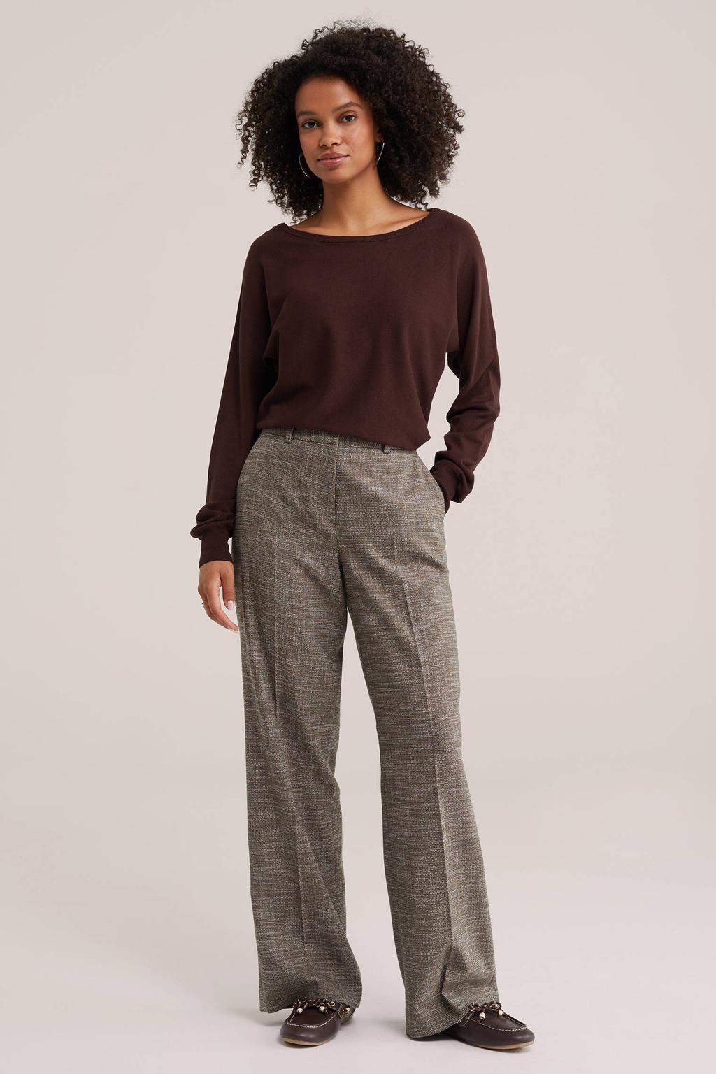 Roodbruine dames WE Fashion gebreide trui bruin van viscose met effen, lange mouwen en boothals